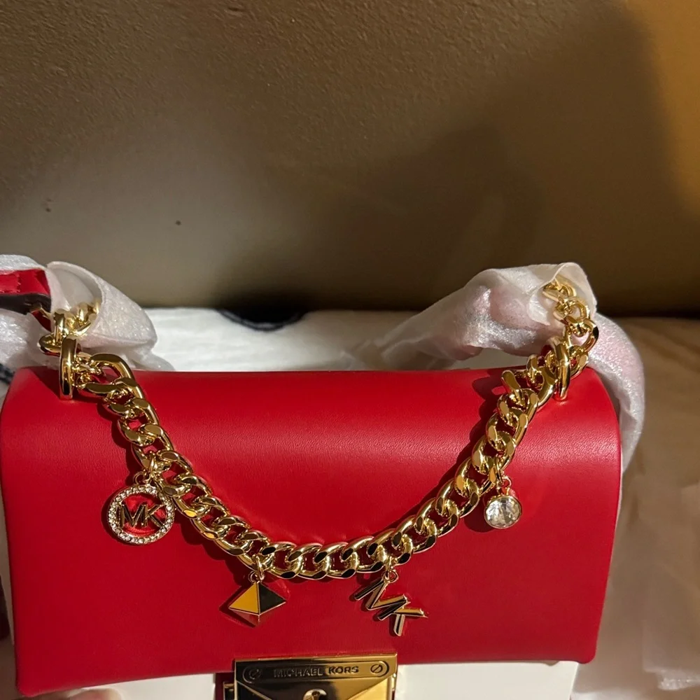 NWT Michael Kors Bright Red Crossbody/Shoulder Bag With Beautiful Gold Charms - Picture 10 of 16